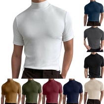 Fashion Solid Color Mock Neck Short Sleeve Shirt for Men