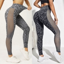 Sexy Leopard Printed Mesh Net Spliced High-rise Leggings for Sports