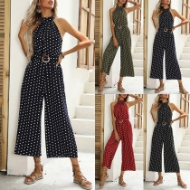 Fashion Polka-dot Printed Wide-leg Halterneck Jumpsuit with Belt