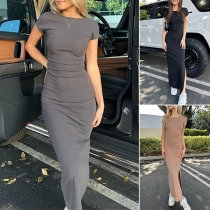 Fashion Solid Color Round Neck Short Sleeve Backless Slit Maxi Dress