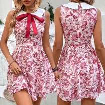 Sweet Style Floral Printed Doll Neck Bowknot Sleeveless Dress