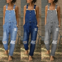 Street Fashion Old-washed Distressed Denim Suspender Jumpsuit