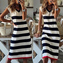Casual Contrast Color V-neck Sleeveless Slit Dress