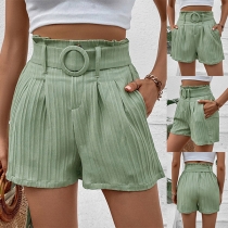 Casual Solid Color Ruched Shorts with Belt