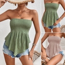 Sexy Strapless Smocked Irregular Hemline Shirt