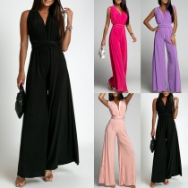 Sexy Solid Color V-neck Sleeveless Backless Wide-leg Jumpsuit