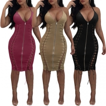 Sexy V-neck Lace-up Bodycon Dress