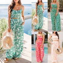 Bohemia Style Floral Printed Two-piece Set Consist of Cami Top and Wide-leg Pants