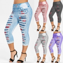 Street Fashion Distressed Printed Stretchable Leggings for Sports