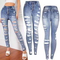 Street Fashion Old-washed Distressed Buttoned High-rise Denim Skinny Jeans