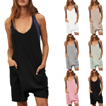Casual Solid Color Patch Pockets Loose Romper