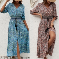 Bohemia Style Floral Printed V-neck Elbow Sleeve Drawstring Slit Summer Dress