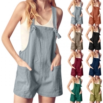 Casual Solid Color Patch Pockets Self-tie Romper