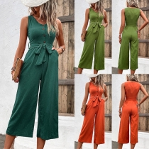 Fashion Solid Color Round Neck Sleeveless Buttoned Self-tie Jumpsuit