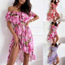 Sexy Floral Printed Ruffled Off-the-shoulder Irregular Hemline Dress