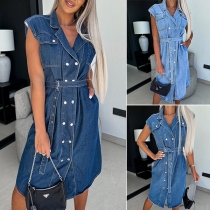 Fashion Stand Collar Sleeveless Rivet Dnim Dress with Belt