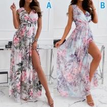 Fashion Floral Printed V-neck Sleeveless Backless Slit Maxi Dress