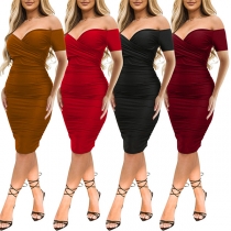 Sexy Solid Color Off-the-shoulder Short Sleeve Ruched Bodycon Party Dress