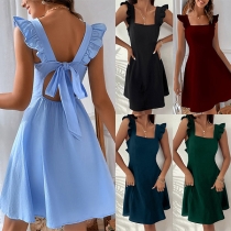 Fashion Solid Color Ruffled Square Neck Back-tie Backless Mini Dress