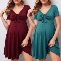 Fashion Solid Color Drawstring Ruched V-neck Short Sleeve Maternity Dress