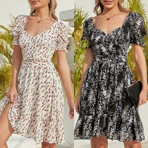 Fresh Style Floral Printed V-neck Puff Short Sleeve Criss-cross Backless Mini Dress