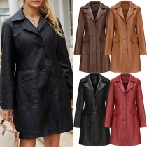 Vintage Solid Color Stand Collar Notch Lapel Long Sleeve Artificial Leather PU Jacket
