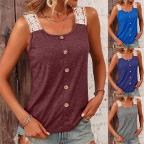 Casual Lace Spliced Buttoned Sleeveless Shirt