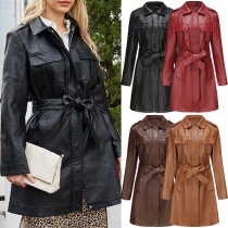 Vintage Solid Color Stand Collar Long Sleeve Artificial Leather PU Jacket with Belt