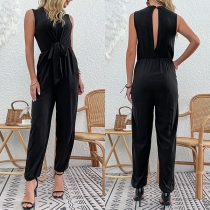 Fashion Solid Color Round Neck Sleeveless Backless Self-tie Jumpsuit