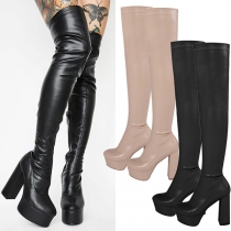 Women's Fashion Artificial Leather PU Blocked Heeled Over-the-knee Boots