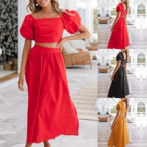 Fashion Solid Color Two-piece Set Consist of Lantern Sleeve Crop Top and Slit Skirt