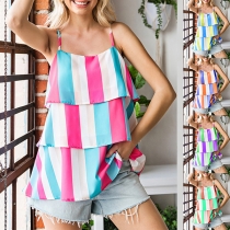Street Fashion Contrast Color Verticial Striped Printed Tiered Cami Top