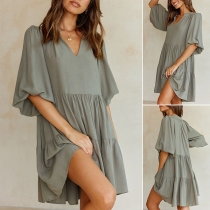 Casual Solid Color V-neck Short Sleeve Loose Tiered Dress