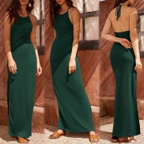Sexy Solid Color Halterneck Backless Slit Maxi Dress