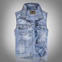 Street Fashion Old-washed Distressed Stand Collar Sleeveless Wing Embroidered Denim Vest for Men