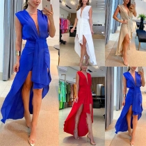 Sexy Solid Color Plunge V-neck Sleeveless High-low Hemline Party Dress