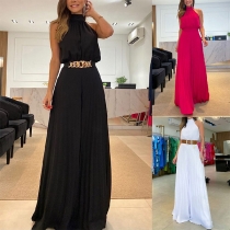 Fashion Silid Color Halterneck Sleeveless Wide-leg Pleated Jumpsuit