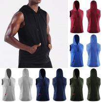 Casual Solid Color Sleeveless Drawstring Hooded Sleeveless Shirt for Men