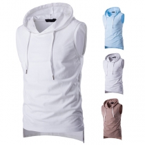 Casual Solid Color Drawstring Hooded High-low Hemline Sleeveless Shirt for Men