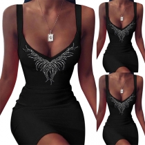 Fashion Rhinestone V-neck Bodycon Slip Dress