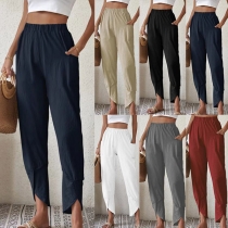 Casual Solid Color Elastic Waist Cotton and Linen Trousers