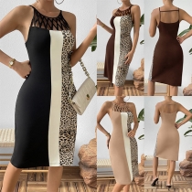 Fashion Net Cutout Contrast Color Leopard Printed Backless Mini Dress