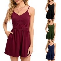 Casual Solid Color V-neck Backless Romper
