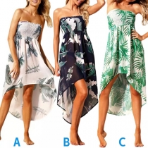 Bohemia Style Floral Printed Strapless High-low Hemline Summer Dress/Beach Dress