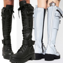 Street Fashion Side Pockets Side Zipper Lace-up Buckle Knee Boots