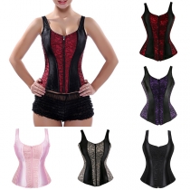 Sexy Contrast Color Jacquard Front Zippered Back Lace-up Corset-style Tank Top