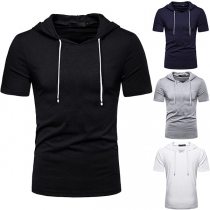 Casual Solid Color Short Sleeve Drawstring Hooded Shirt for Men