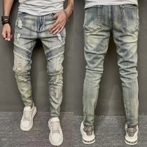 Street Fashion Old-washed Distressed Ruched Denim Jeans for Men