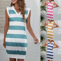 Casual Contrast Color Stripe Printed V-neck Sleeveless Dress