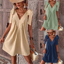 Fashion Solid Color V-neck Self-tie Backless Loose Dress